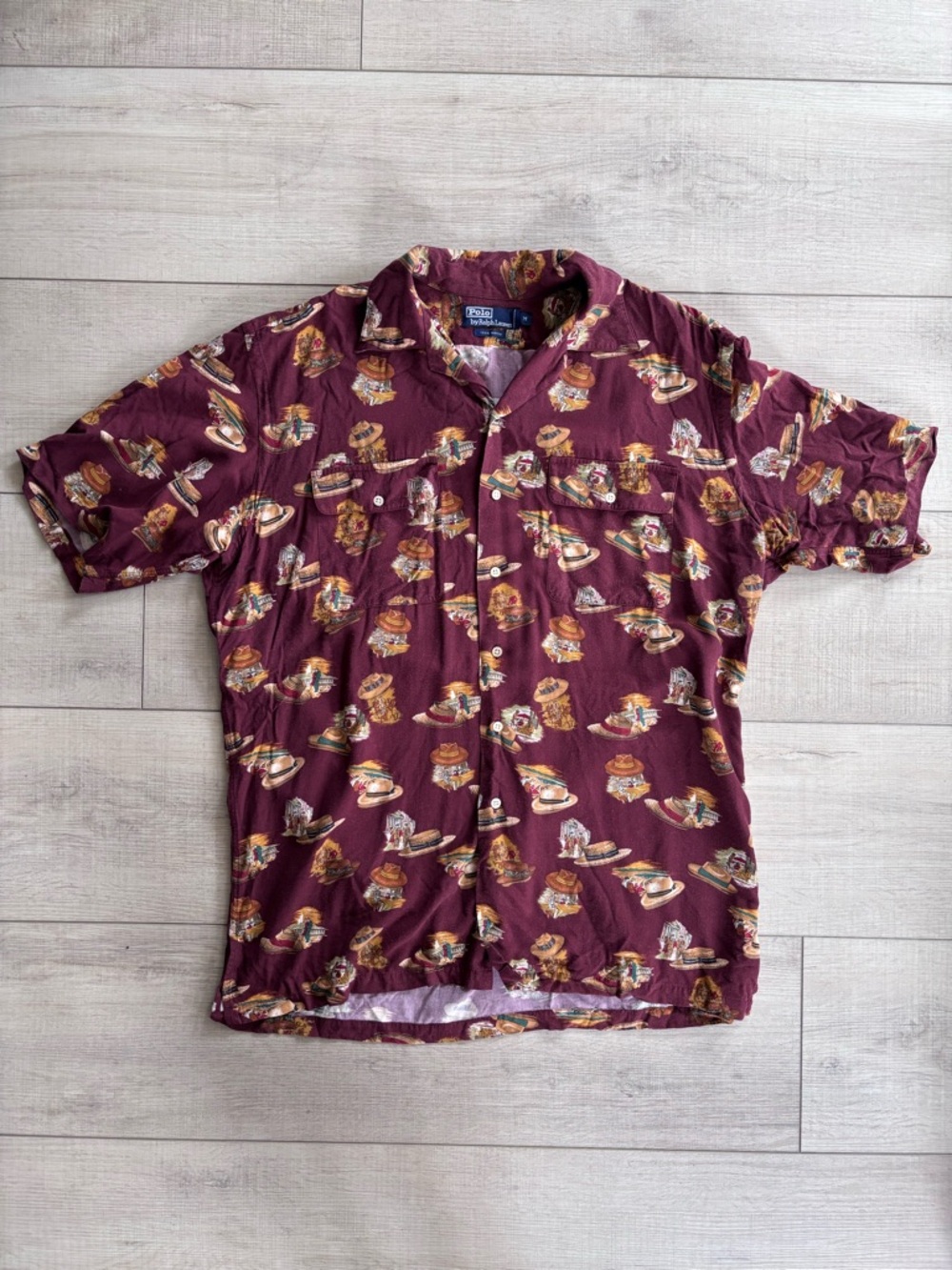 Vintage Polo by Ralph Lauren Rayon Camp Shirt Straw Hat Print 90s Size M